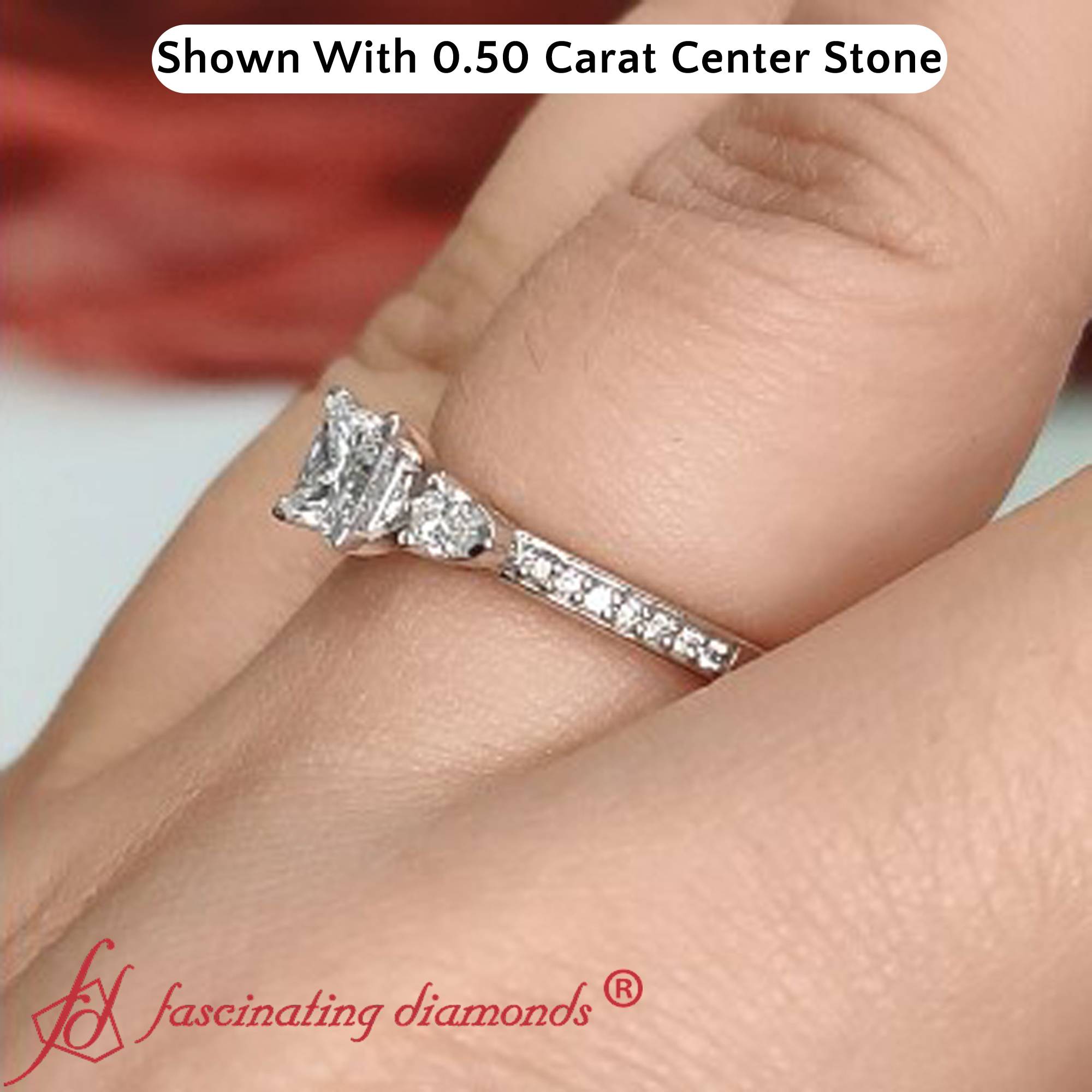 0.50 Ct Princess Cut 3 Stone Engagement Ring with 14K White Gold White Diamond