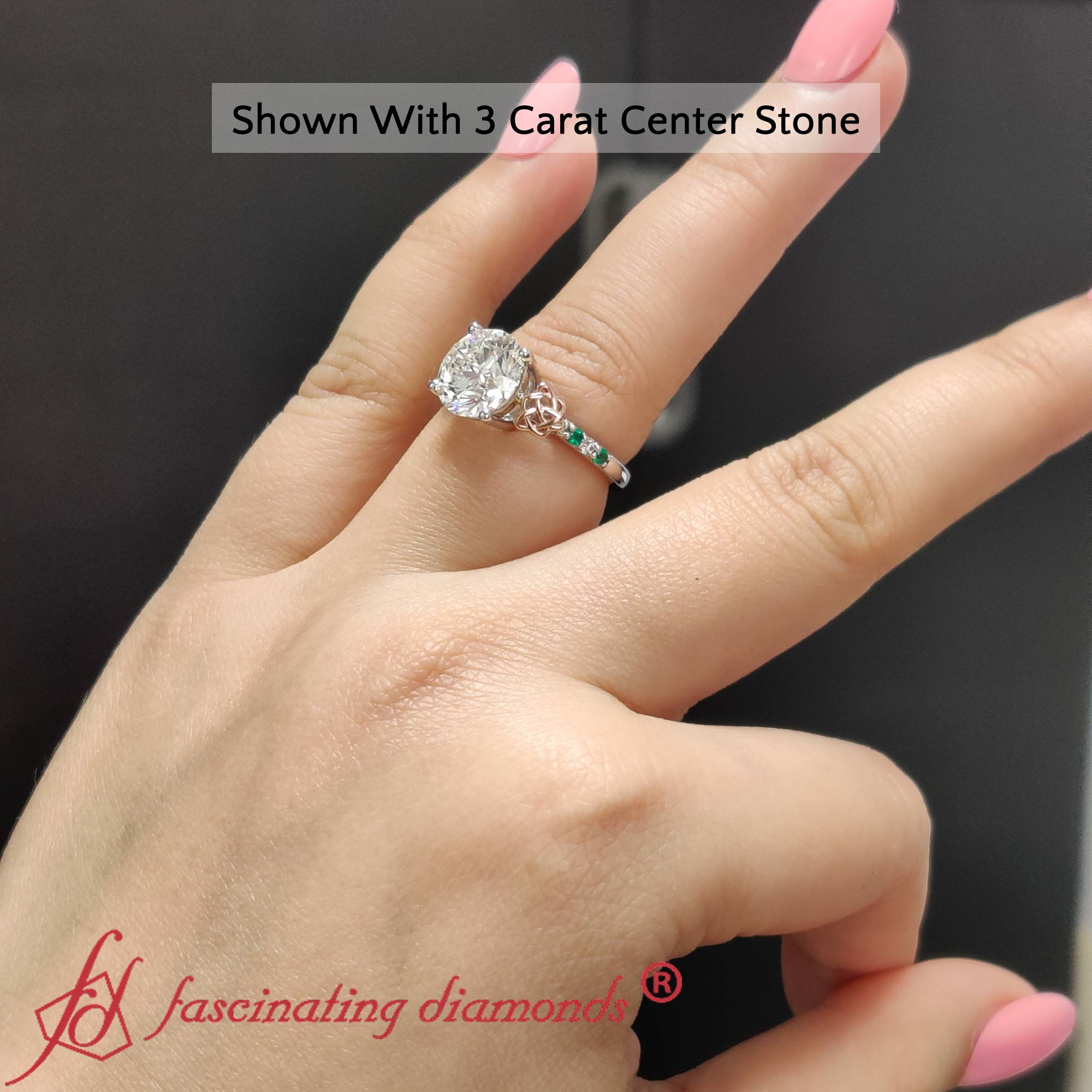 Celtic Lab Diamond 3 Carat Ring with 14K White Gold Green Emerald
