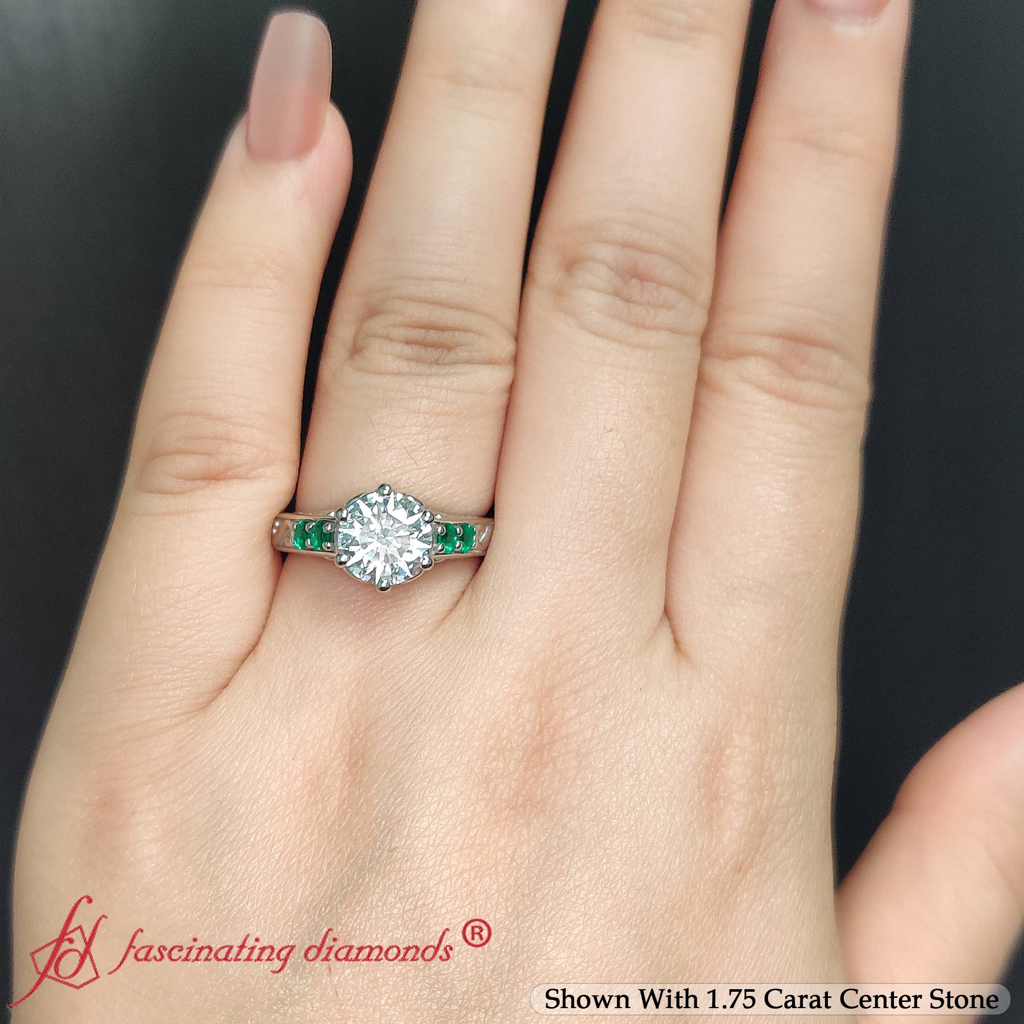 Round Cut Lab Grown Diamond Filigree Engagement Ring with 950 Platinum Green Emerald
