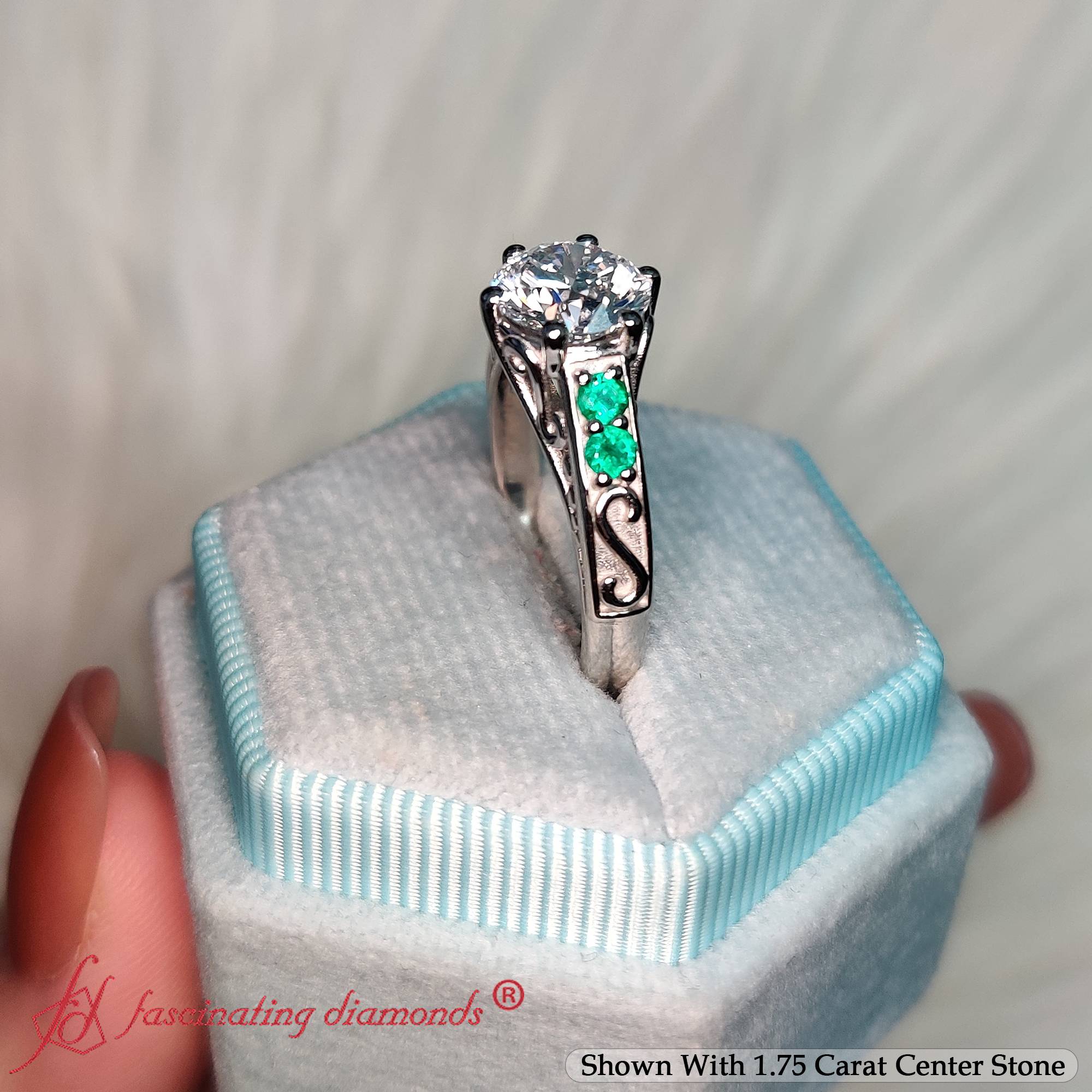 Round Cut Lab Grown Diamond Filigree Engagement Ring with 950 Platinum Green Emerald