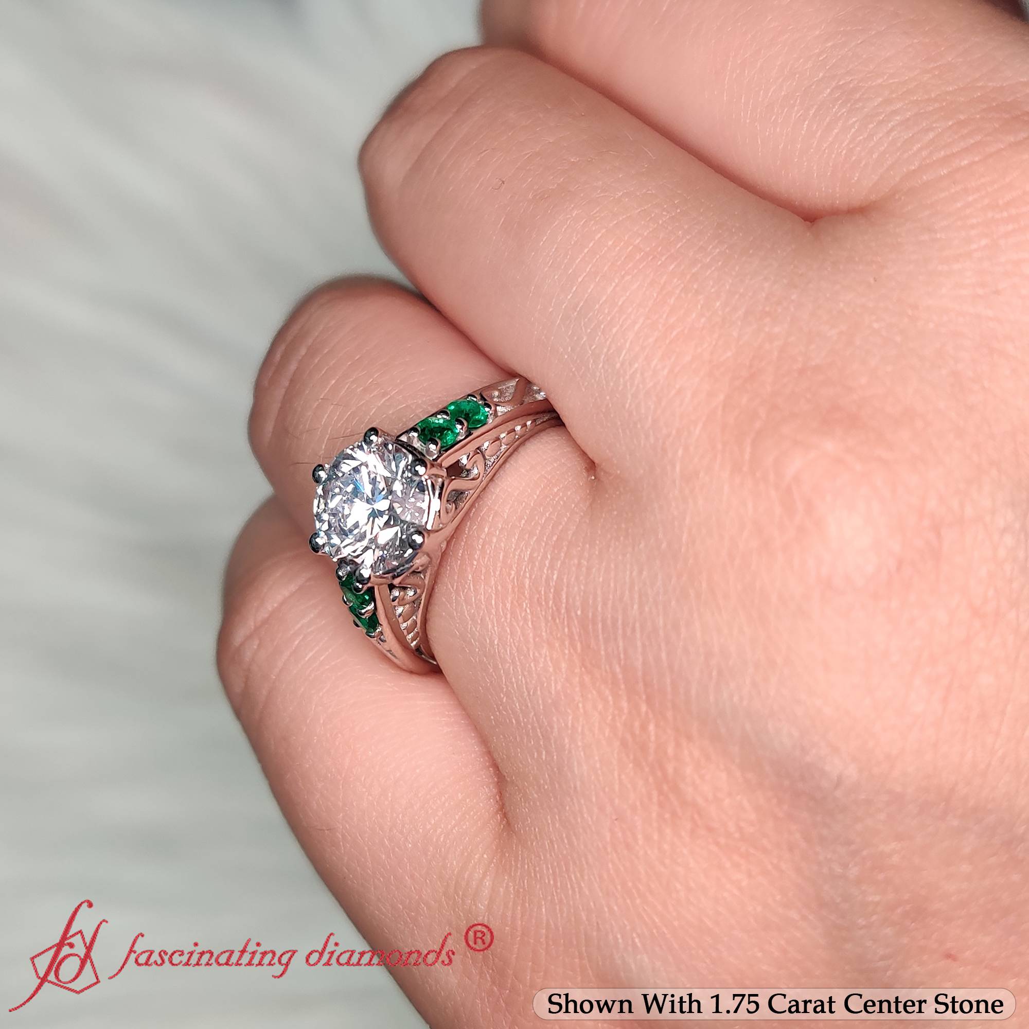 Round Cut Lab Grown Diamond Filigree Engagement Ring with 950 Platinum Green Emerald