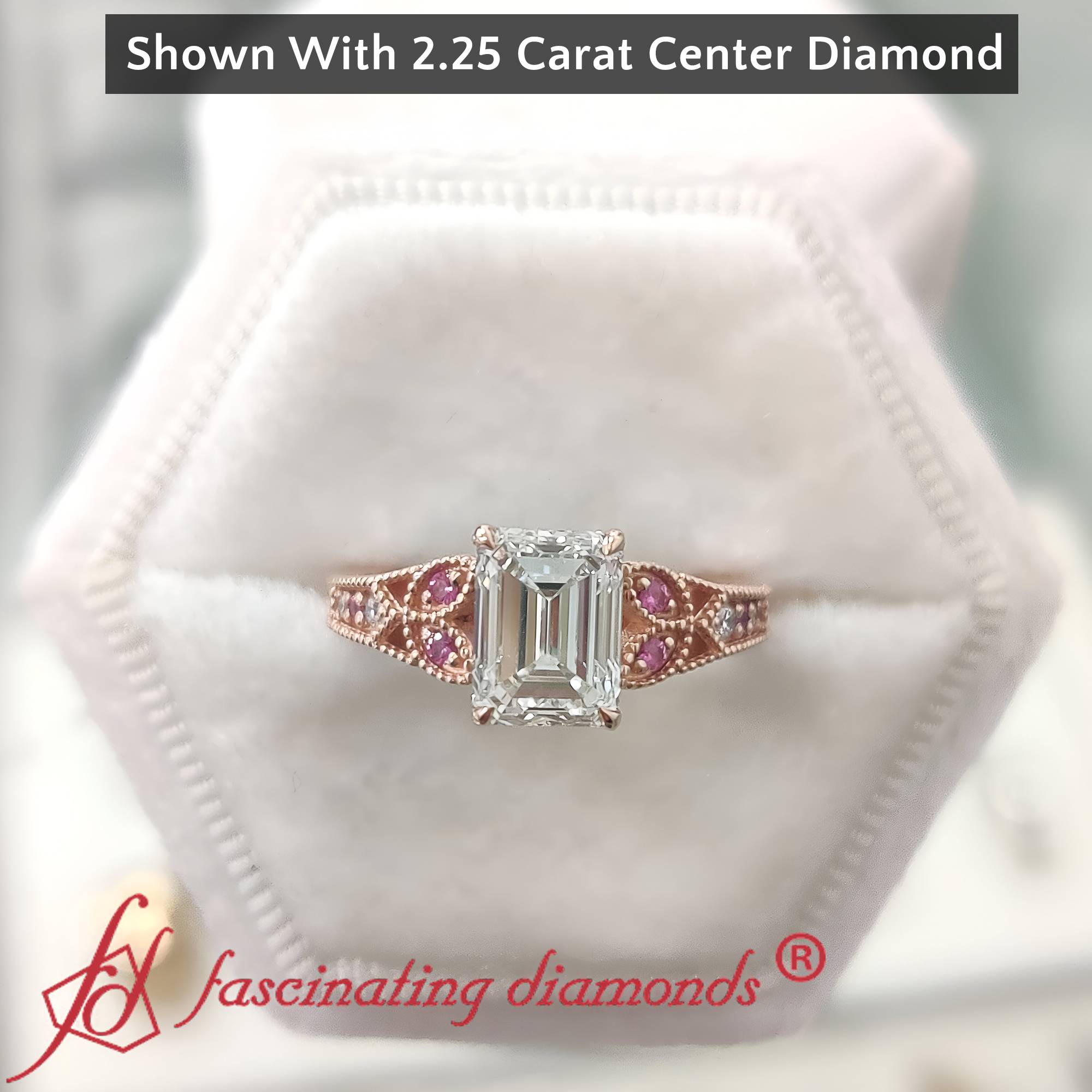Emerald Shaped Split Band Antique Engagement Ring with Pink Sapphire in 14K Yellow Gold