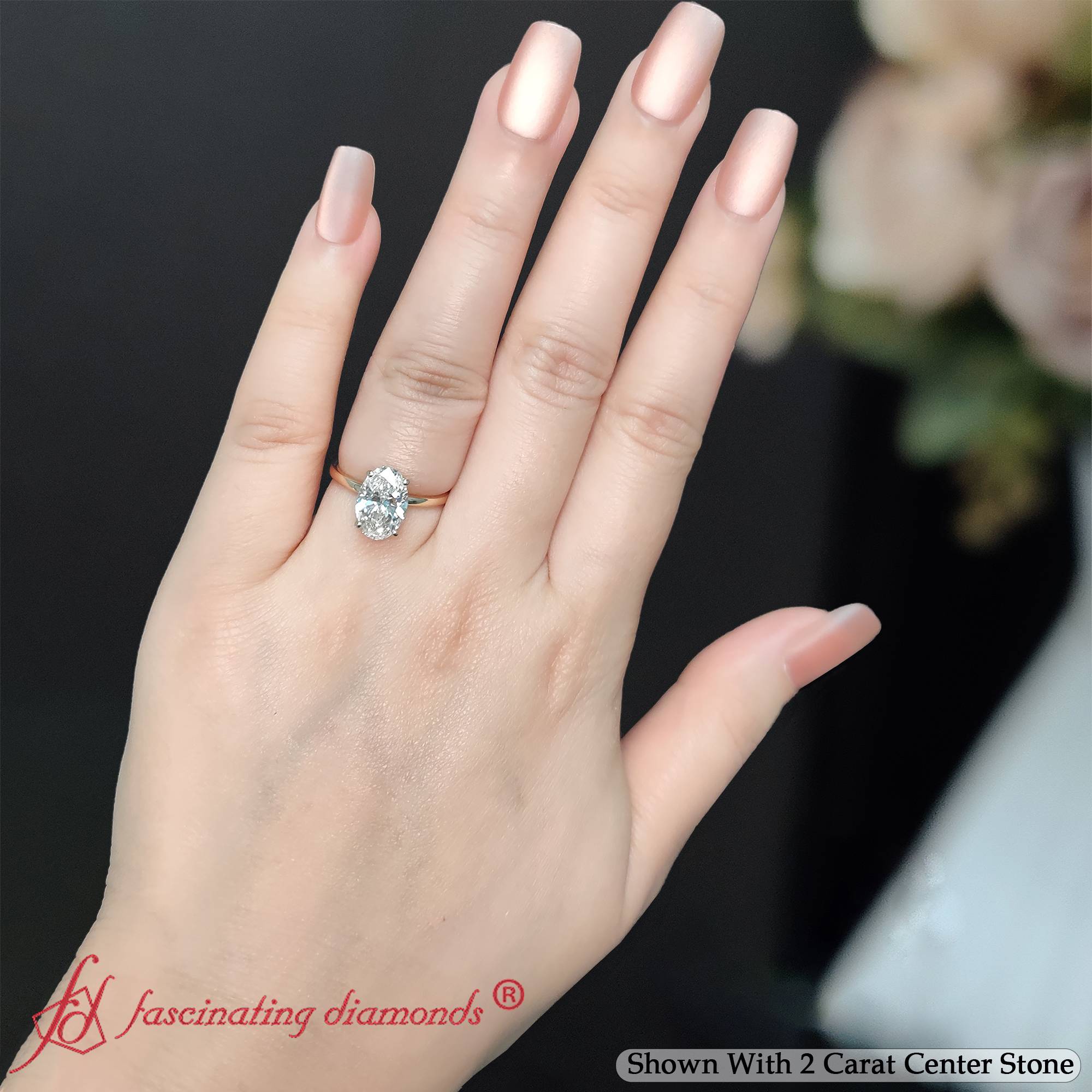 Oval Shaped Thin Gold Band Hidden Halo Engagement Ring with White Diamond in 14K Yellow Gold