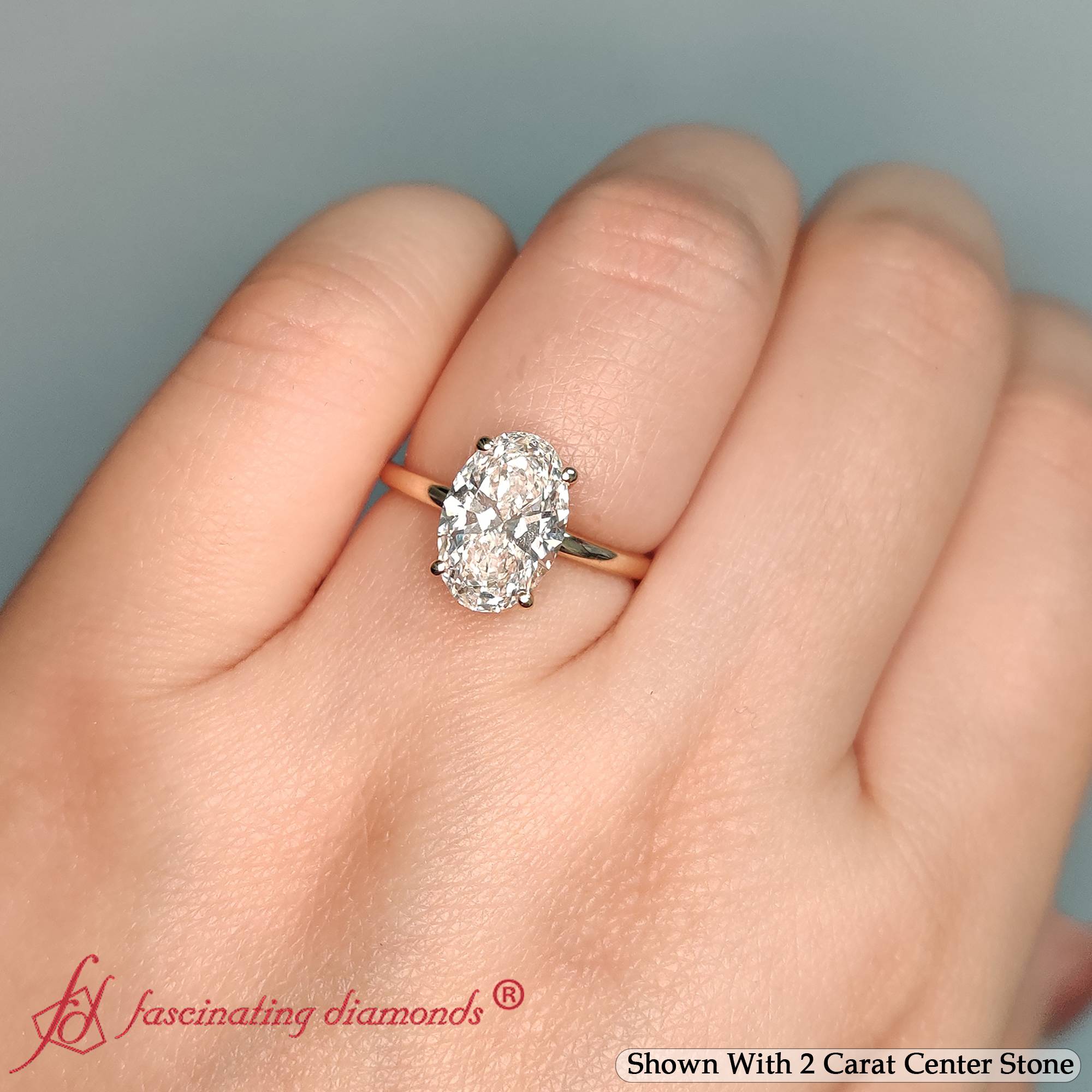 Oval Shaped Thin Gold Band Hidden Halo Engagement Ring with White Diamond in 14K Yellow Gold