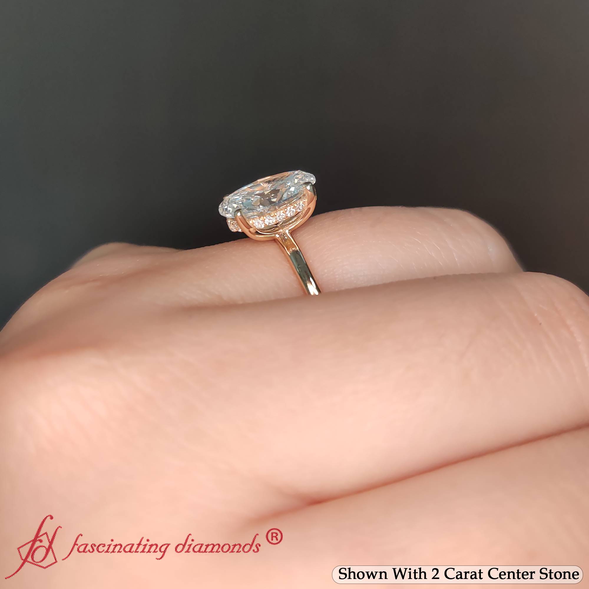 Oval Shaped Thin Gold Band Hidden Halo Engagement Ring with White Diamond in 14K Yellow Gold