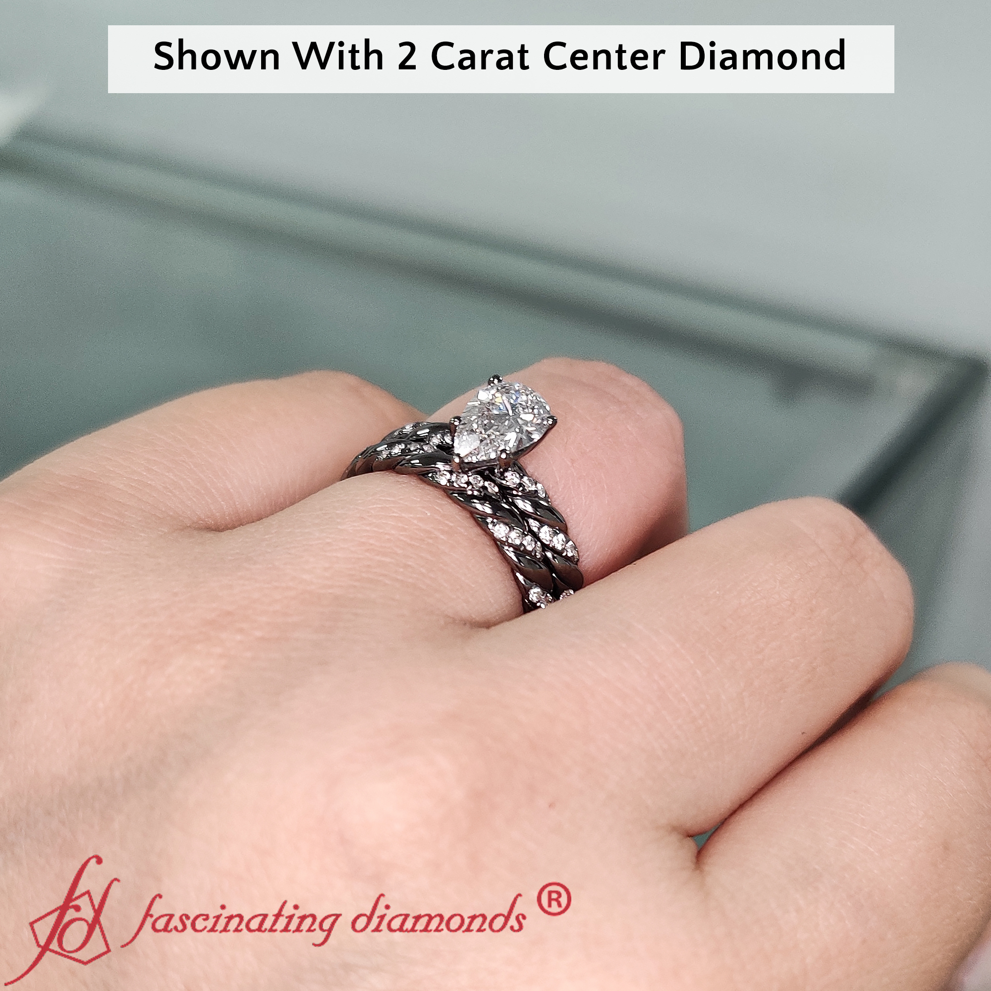 Pear Shaped Black Twisted Engagement And Wedding Ring Set with White Diamond 14K Black Gold