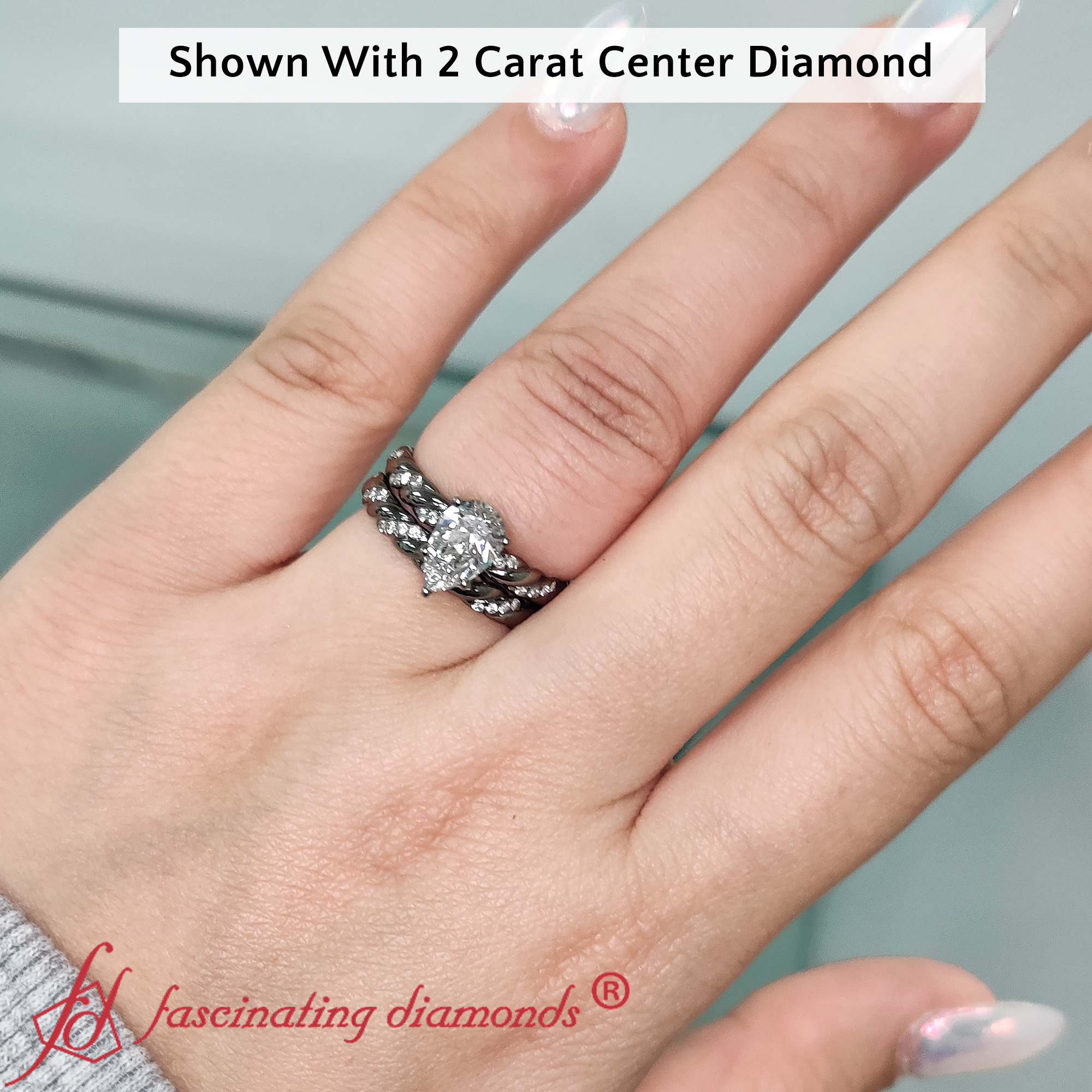 Pear Shaped Black Twisted Engagement And Wedding Ring Set with White Diamond 14K Black Gold