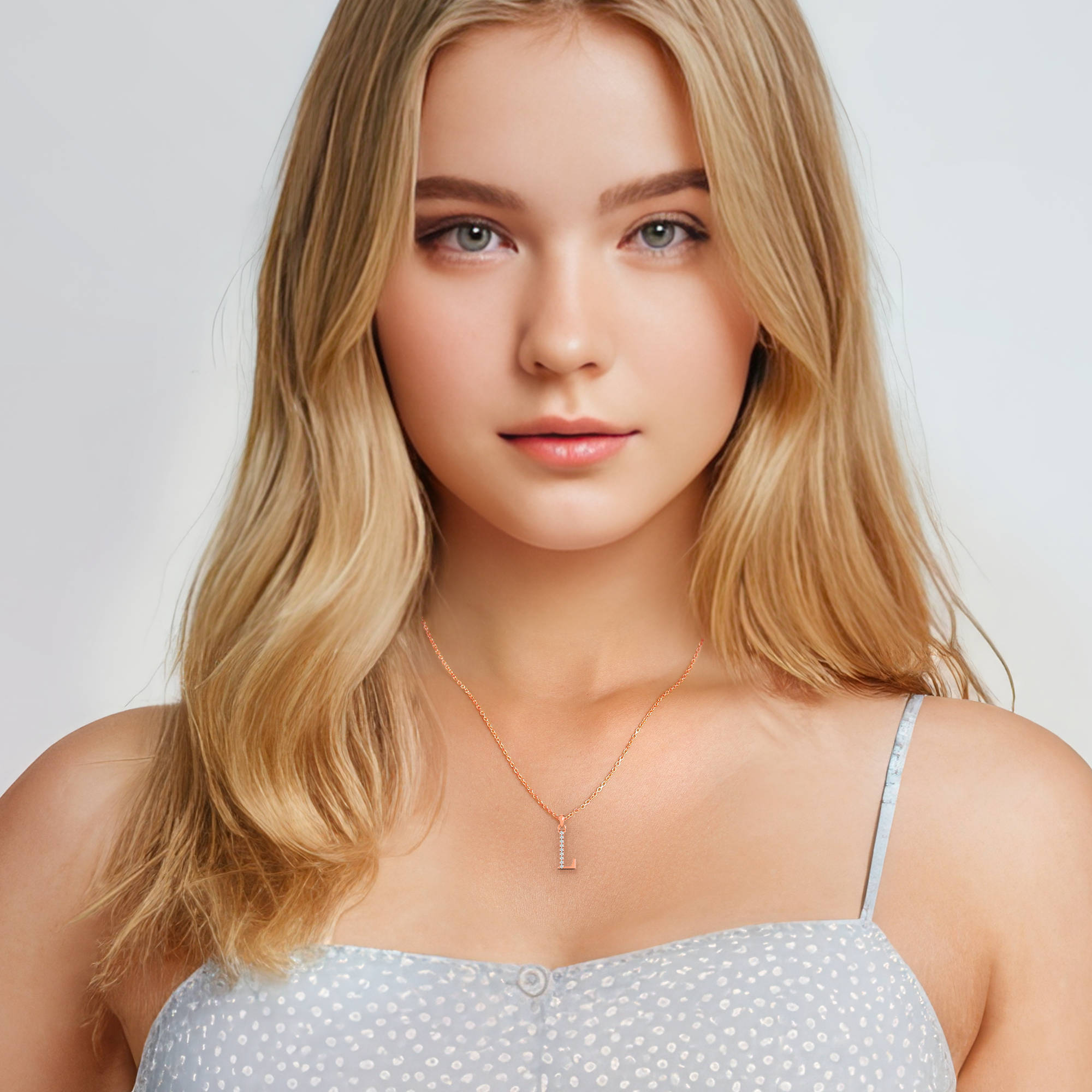 Initial Letter L Charm Diamond Pendant with 14K Rose Gold White Diamond
