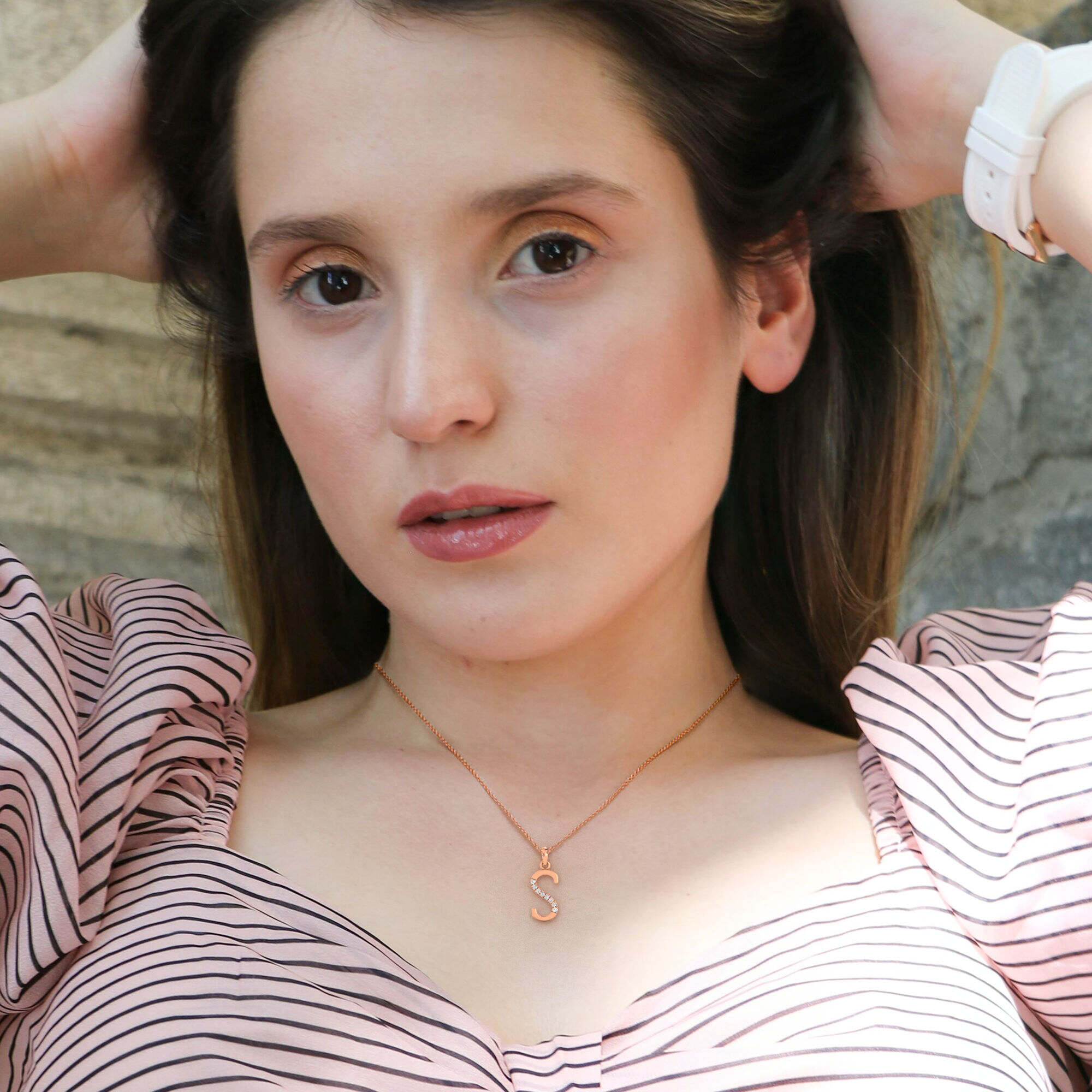 S Shimmering Diamond Letter Pendant with 14K Rose Gold White Diamond
