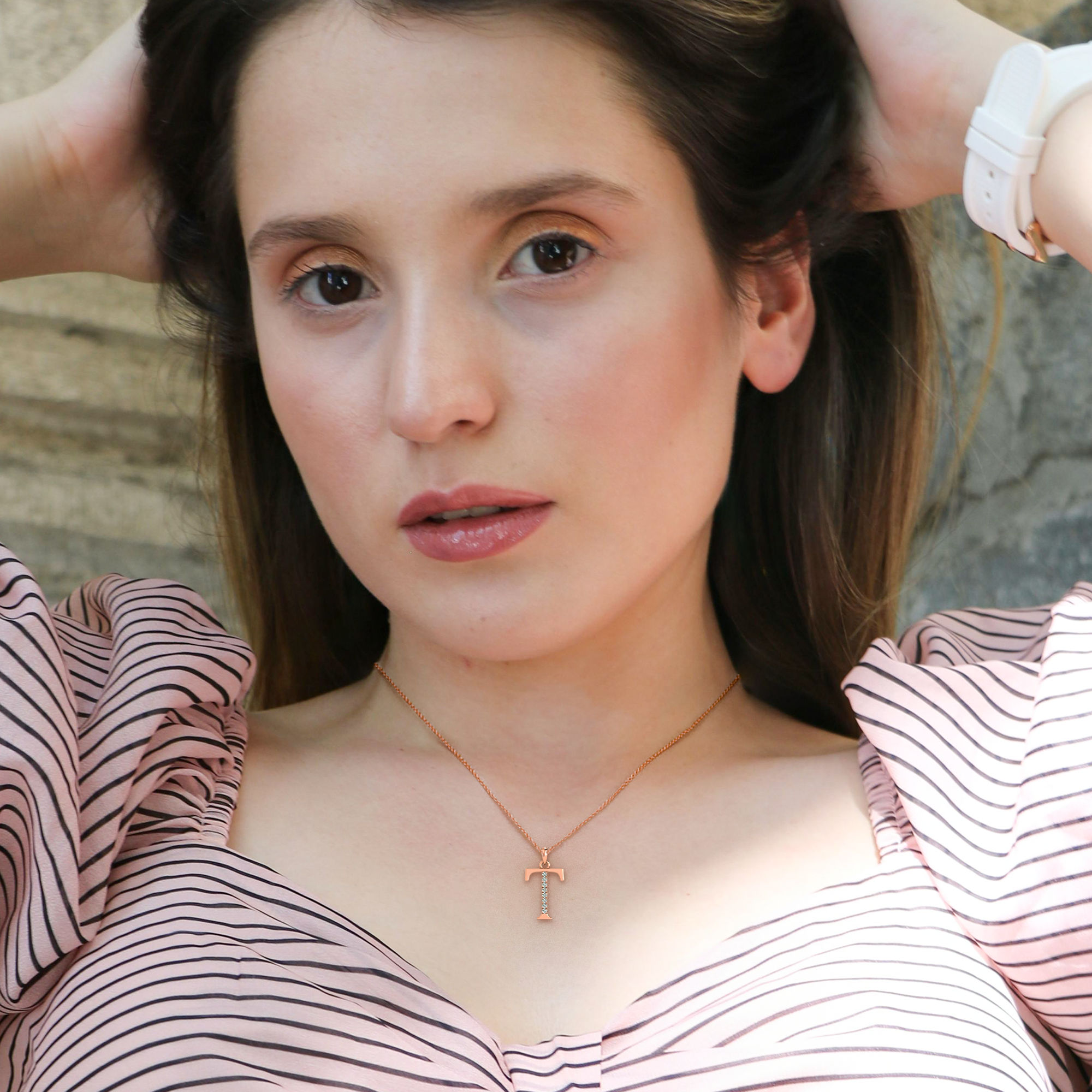 The T Alphabet Diamond Pendant with 14K Rose Gold White Diamond