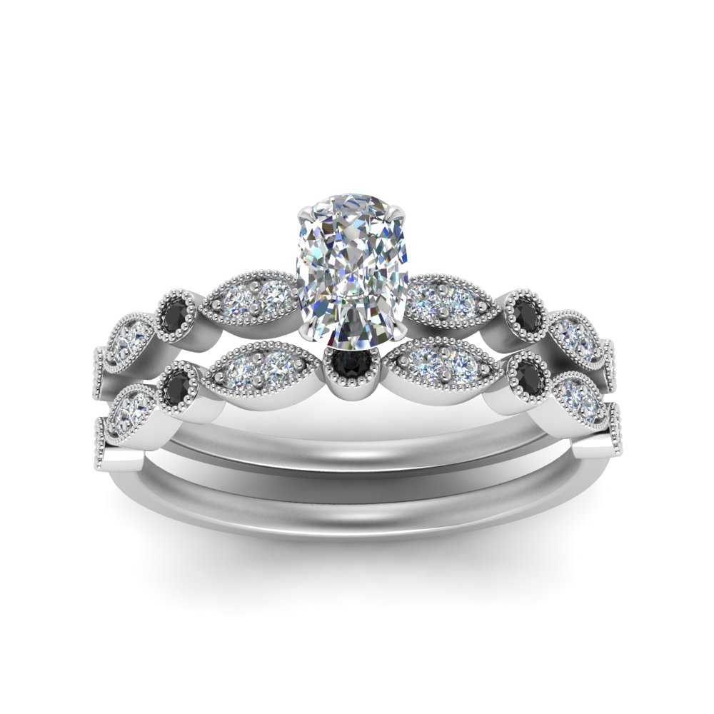 Antique Scalloped Cushion Cut Wedding Band Set With Black Moissanite