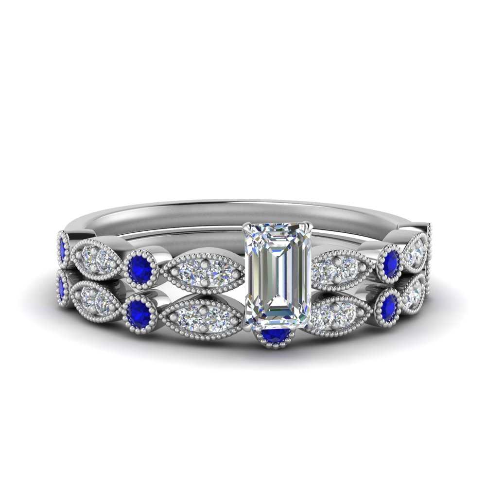 Antique Scalloped Emerald Cut Moissanite Wedding Band Set With Sapphire