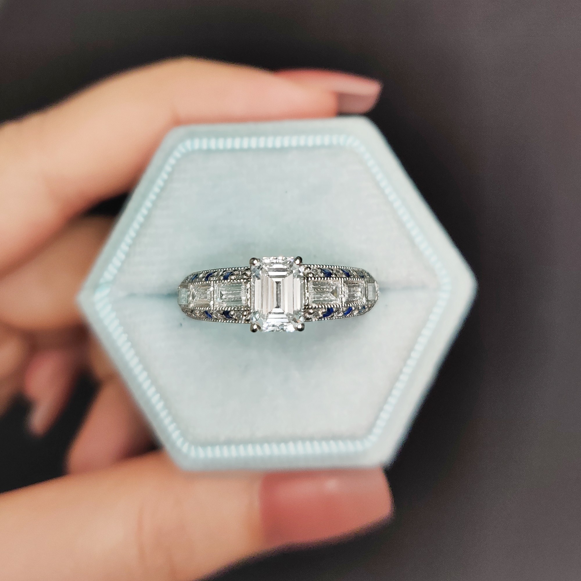 Edwardian Emerald Cut Lab Diamond Vintage Engagement Ring