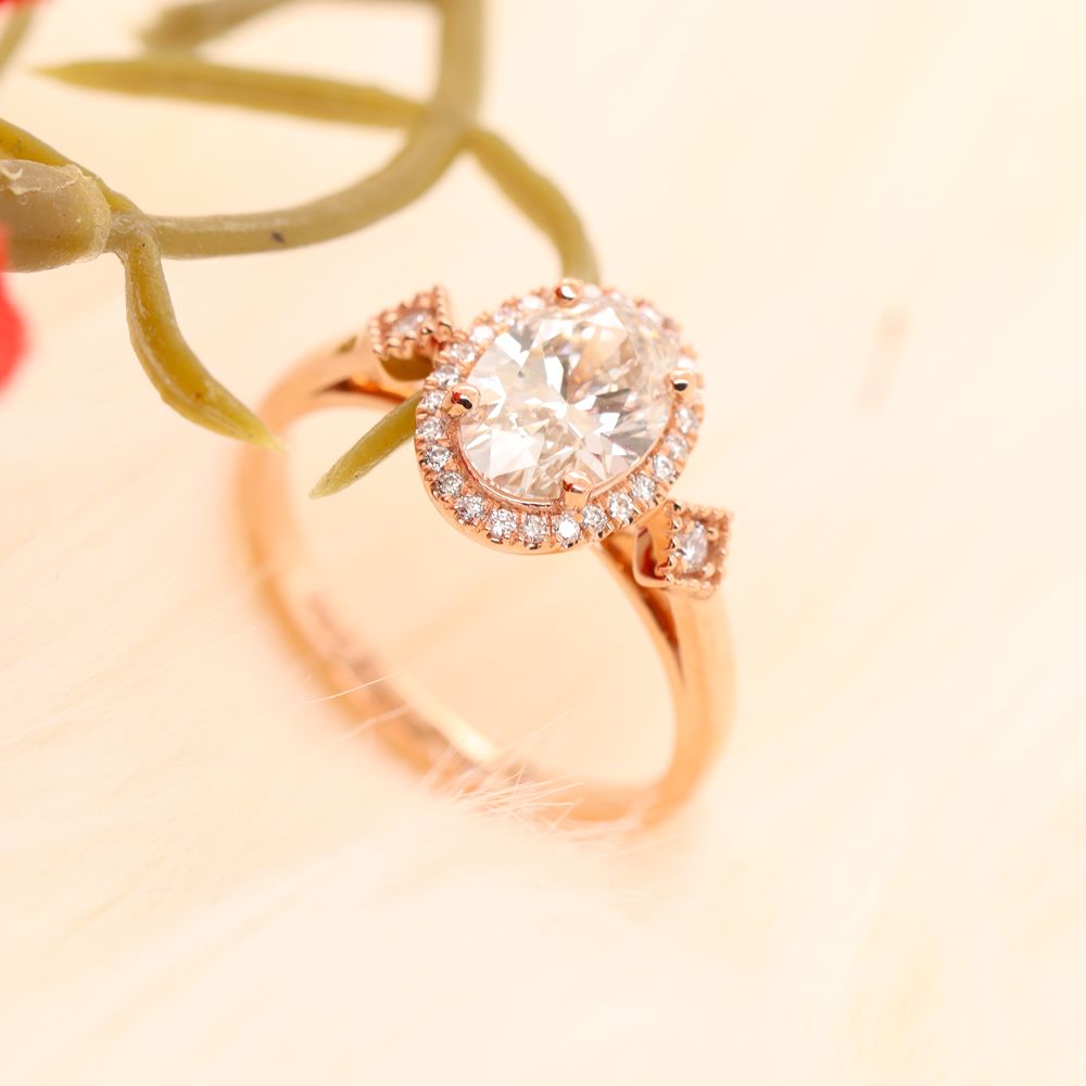 Oval Shaped Oval Halo 3 Stone Delicate Ring with White Diamond in 14K Rose Gold