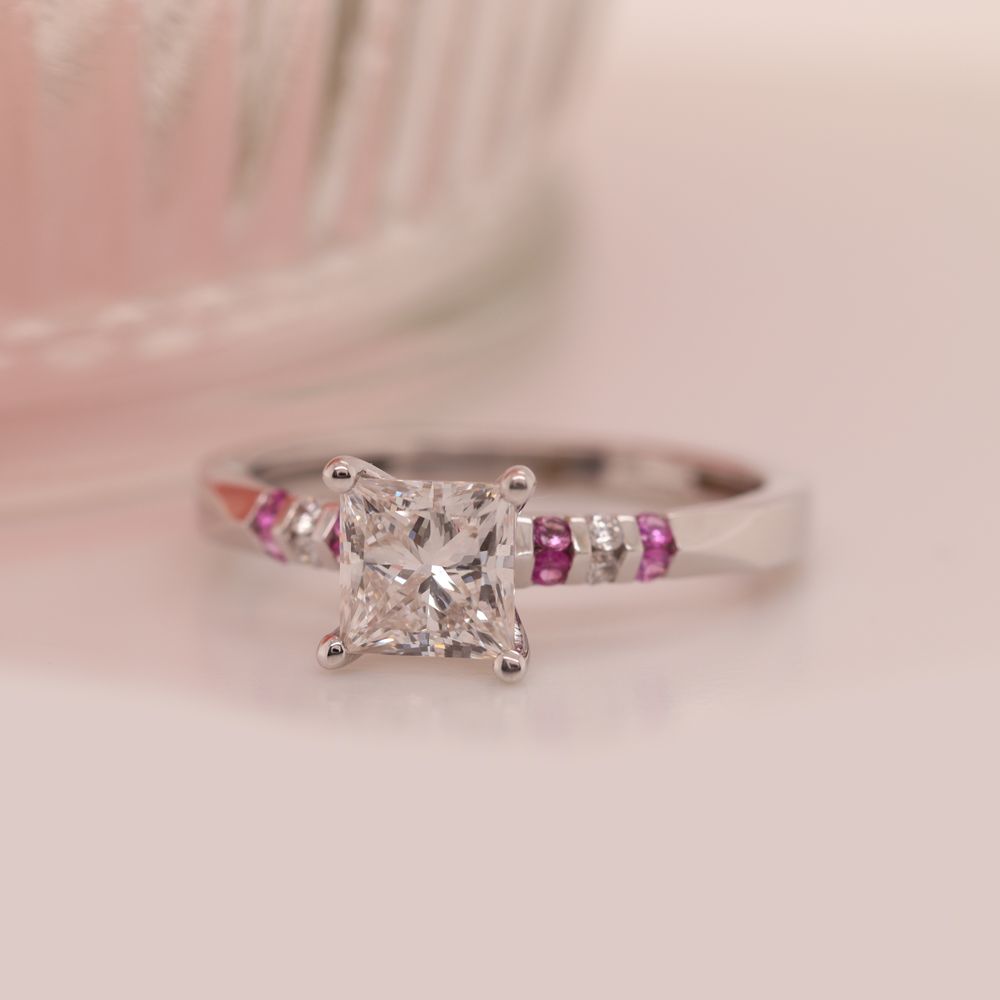Princess Cut Simplet Channel Bar Set Lab Diamond Engagement Ring With Pink Sapphire In 18K White Gold