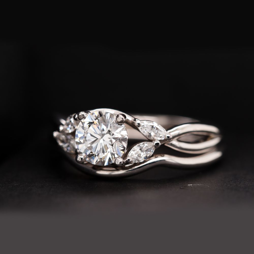 Round Cut Twisted Diamond Engagement Ring With Matching Curved Band In 14K White Gold