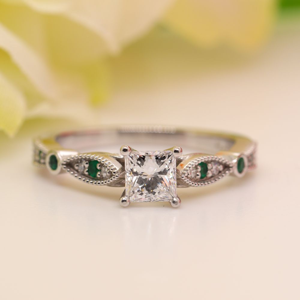 Delicate Art Deco Princess Cut Diamond Engagement Ring With Emerald In  Platinum