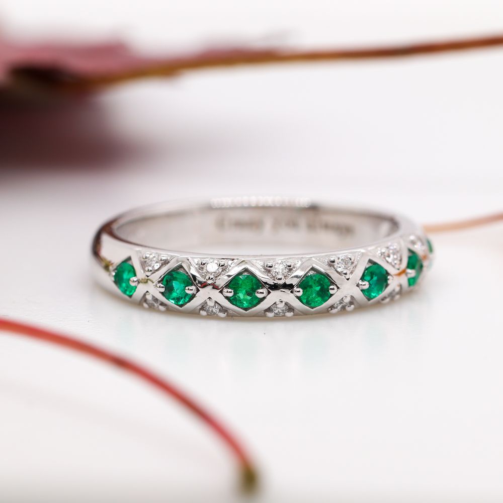 Interwoven Pave Wedding Band With Emerald In 18K White Gold