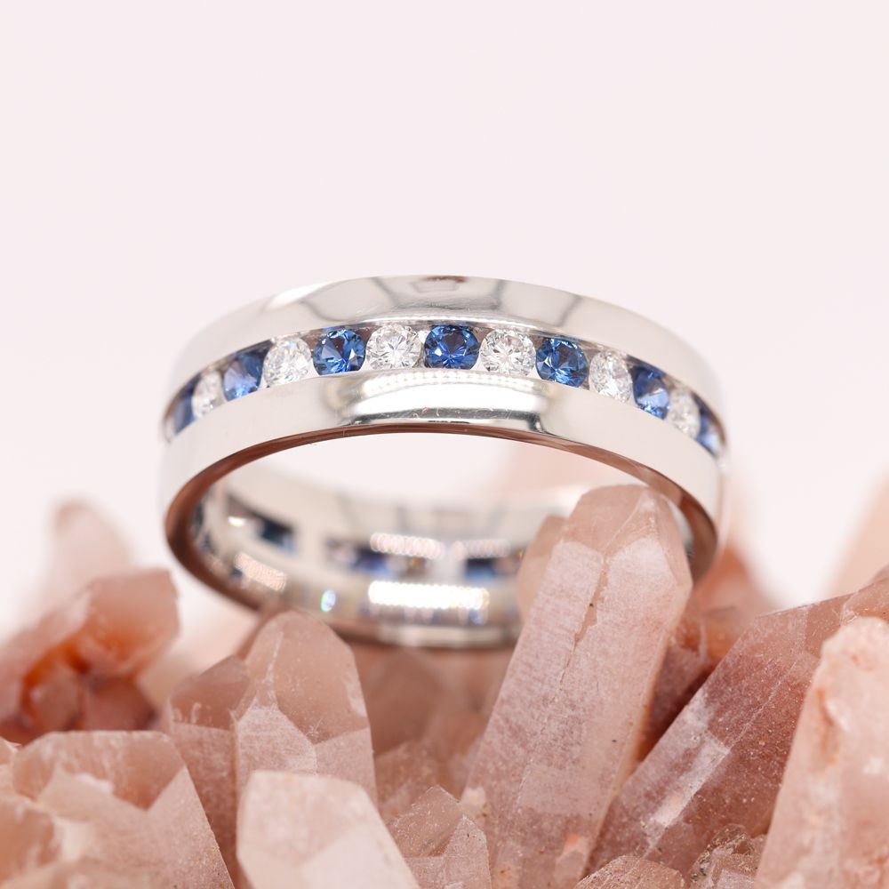 Mens Diamond Channel Wedding Band With Sapphire In 14K