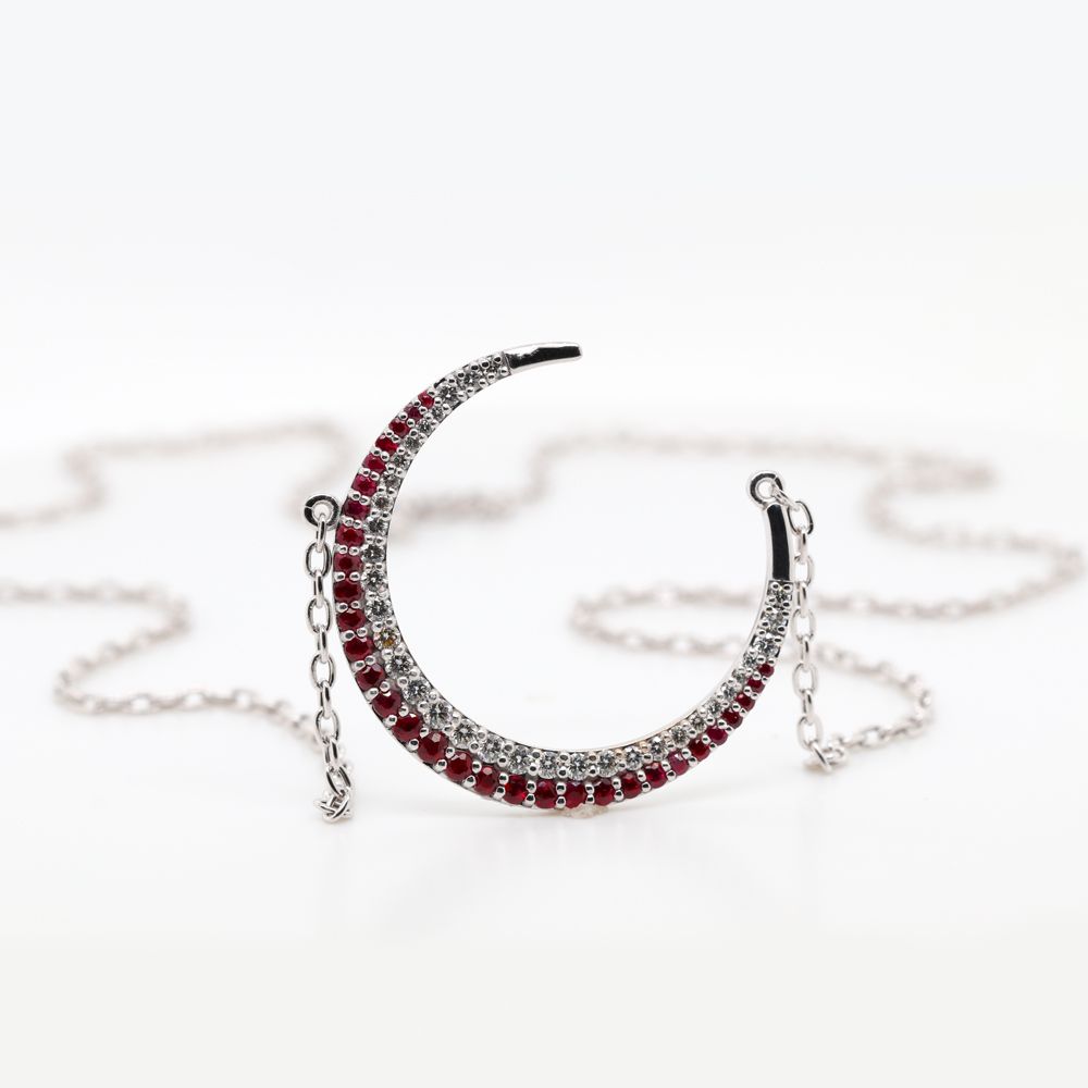 Moon Necklace Diamond Pendant With Ruby In 18K White Gold