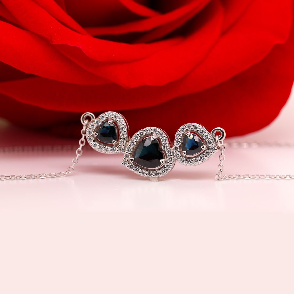 Sapphire Heart 3 Stone Pendant Necklace In 14K White Gold