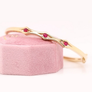 three stone diamond bracelet bangle for women with ruby in 14K yellow gold FDBRC310GRUDRANGLE2 NL YG