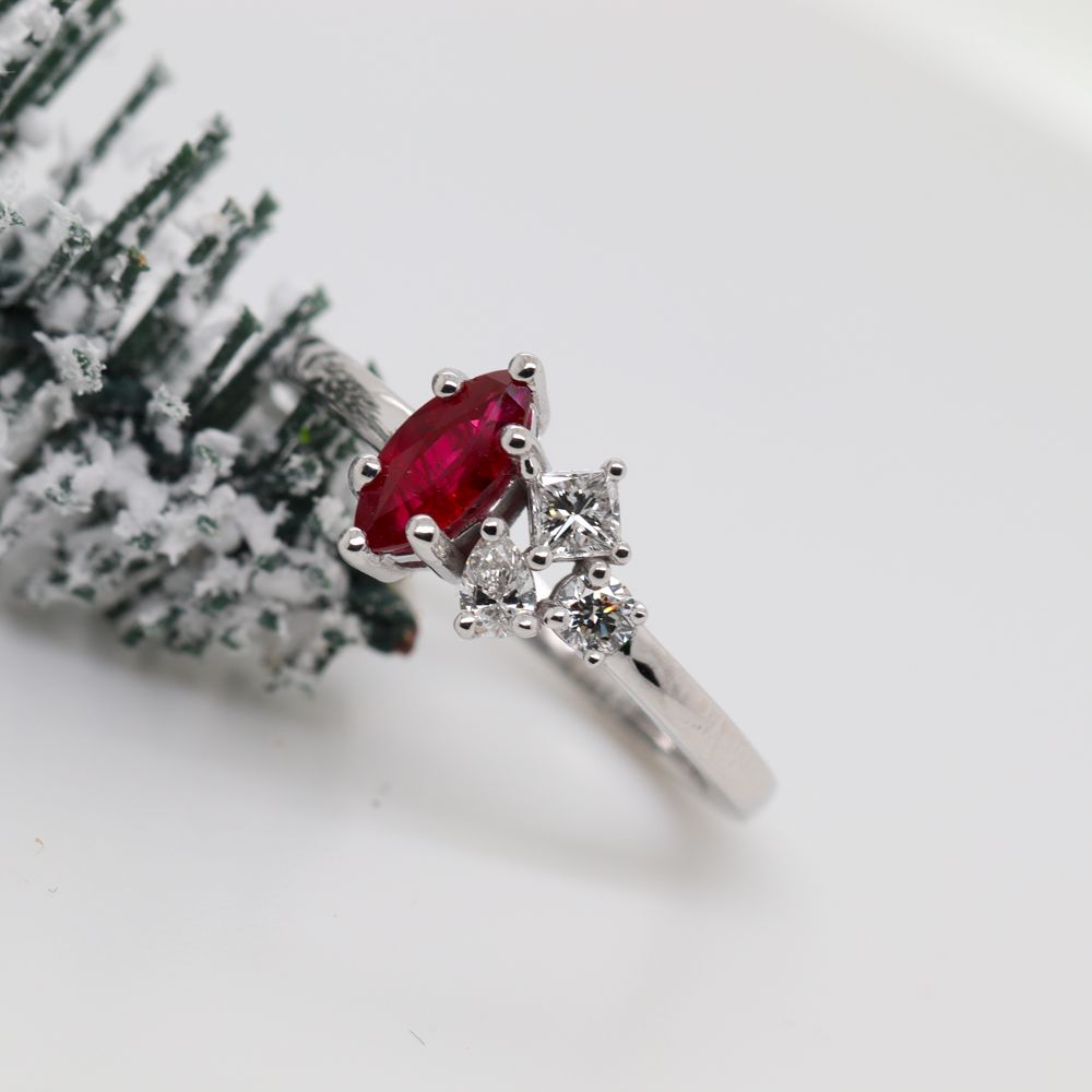 Petite Non Traditional Diamond Wedding Ring With Ruby In 14K White Gold