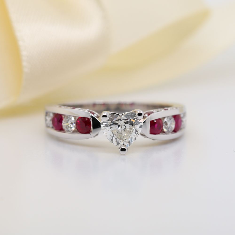 Tapered Heart Diamond Engagement Ring With Ruby In 14K White Gold