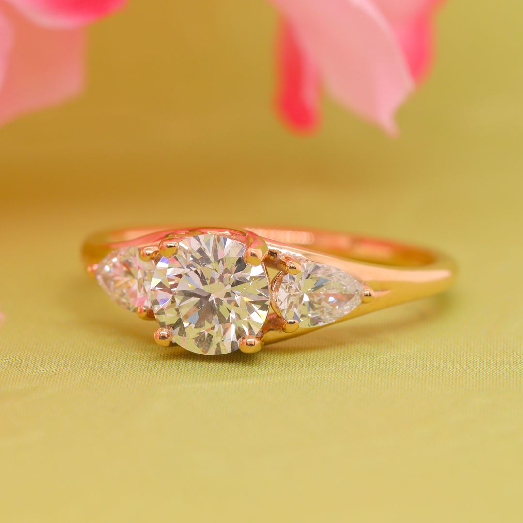 3 Stone Trellis Engagement Ring In 14K Yellow Gold