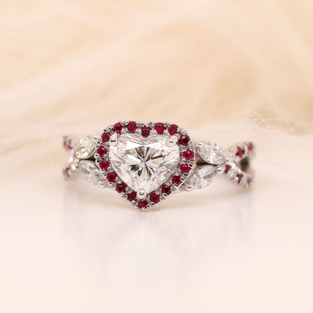 Heart Ruby Halo Split Engagement Ring In Platinum