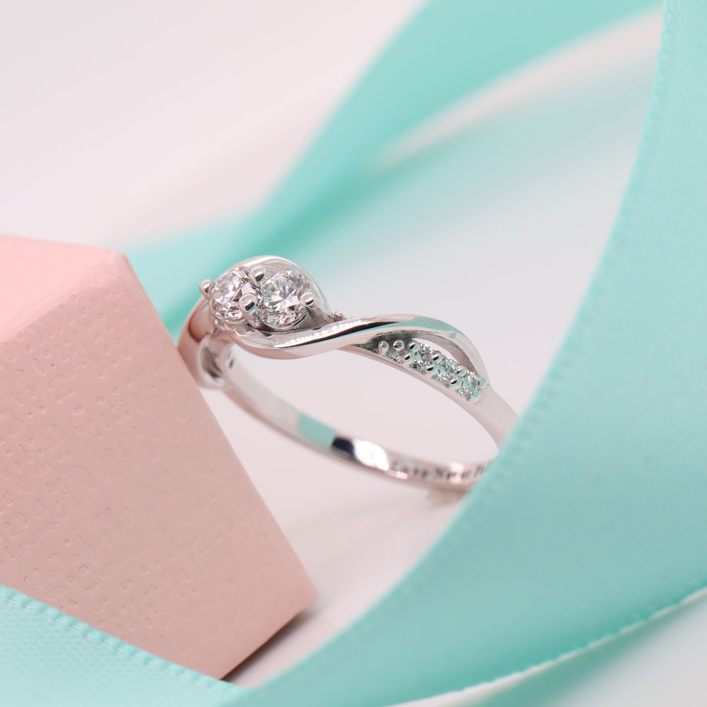 Two Stone Diamond Swirl Engagement Rings In 14K White Gold