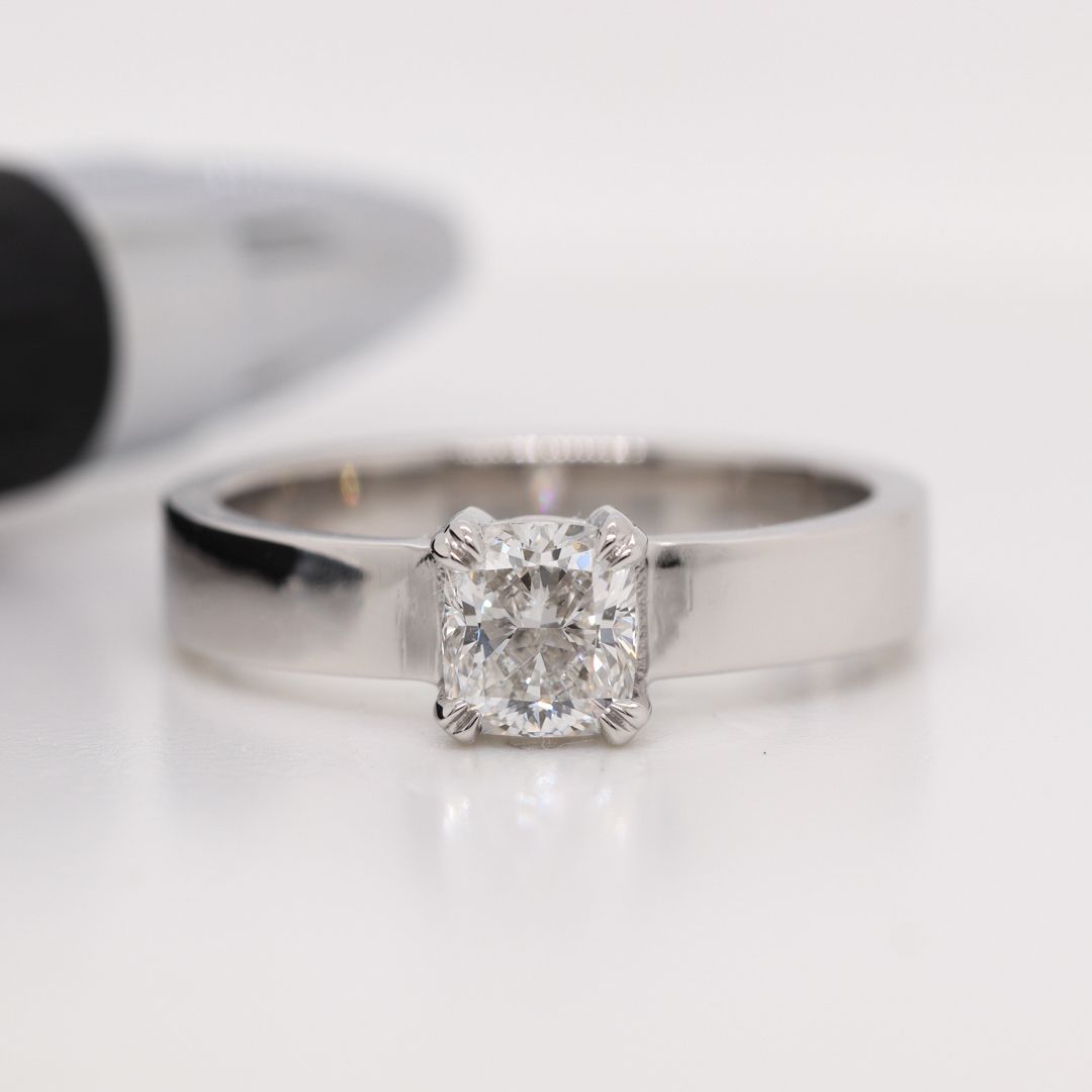 Flat Solitaire Cushion Cut Diamond Engagement Ring In 950 Platinum