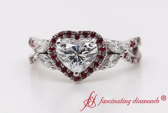 Heart Diamond Split Halo Ruby Ring