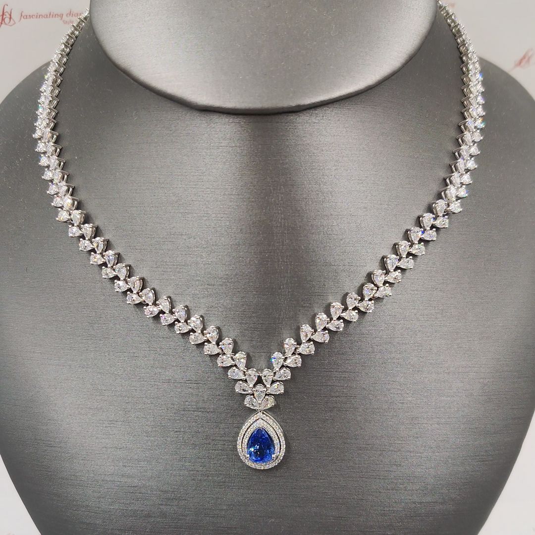 Pear Shape Drop Leaf Diamond Necklace For Women With Sapphire In