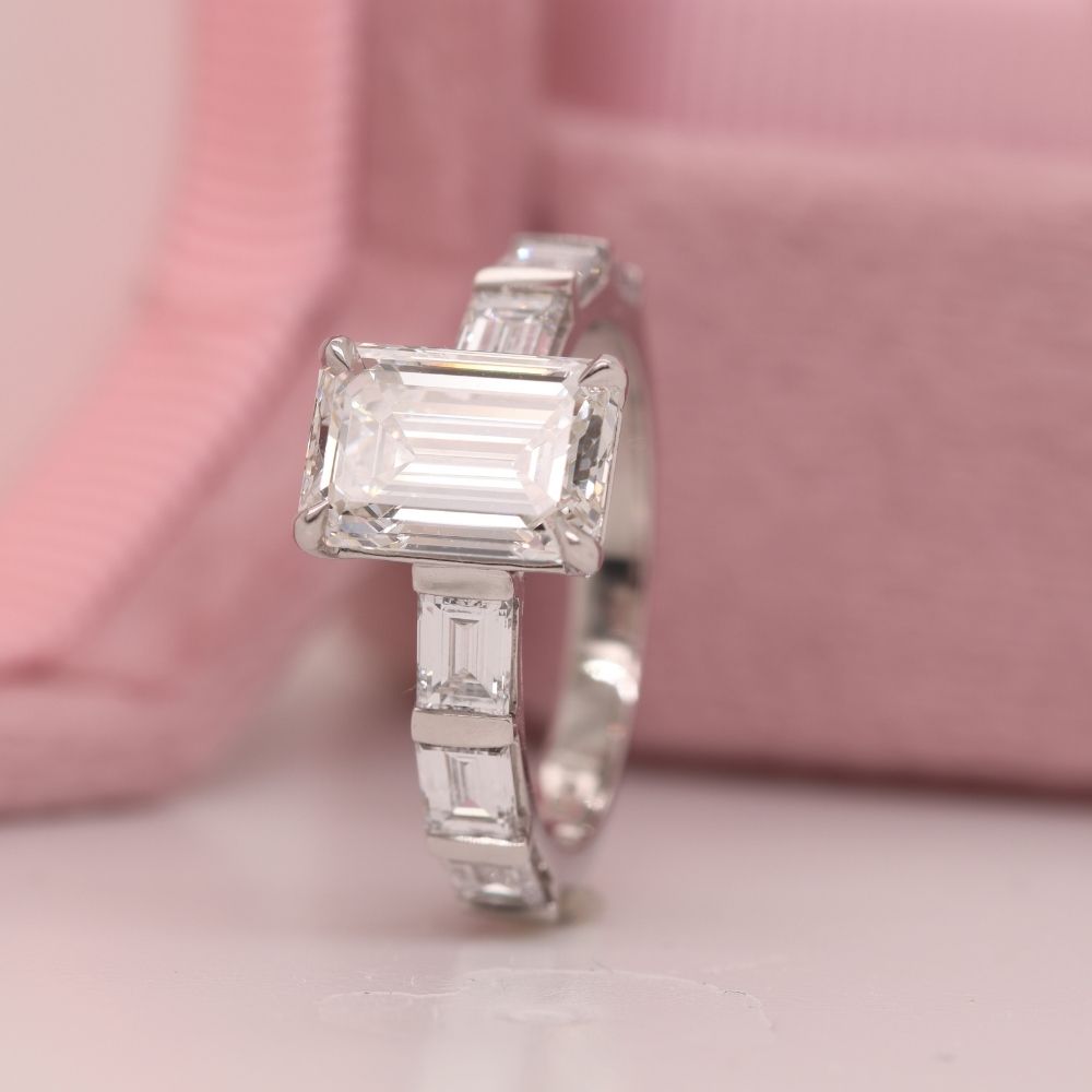 Emerald Cut Baguette Lab Diamond Engagement Ring In 14K White Gold