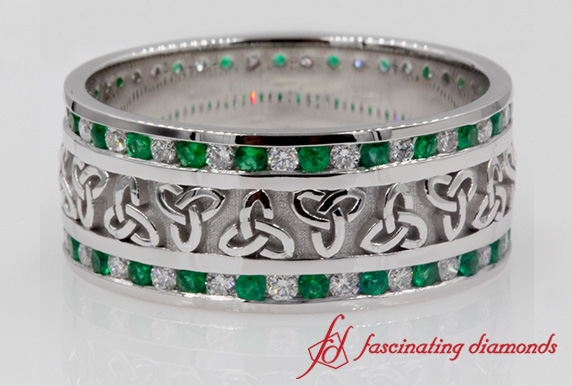 Emerald Celtic Knot Diamond Wedding Band In White Gold