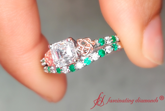 1.54 Ctw. Asscher Cut Lab Diamond Celtic Wedding Ring Set With Emerald In 14K White Gold