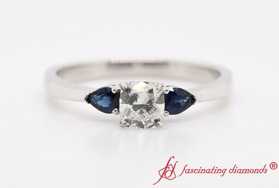 0.59 Ctw. Cushion Diamond Cathedral Engagement Ring With Sapphire In White Gold