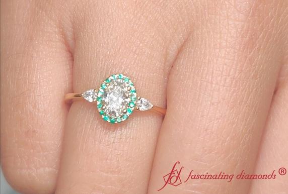 0.71 Ctw. Oval Lab Diamond 3 Stone Halo Engagement Ring With Emerald In 18K Yellow Gold