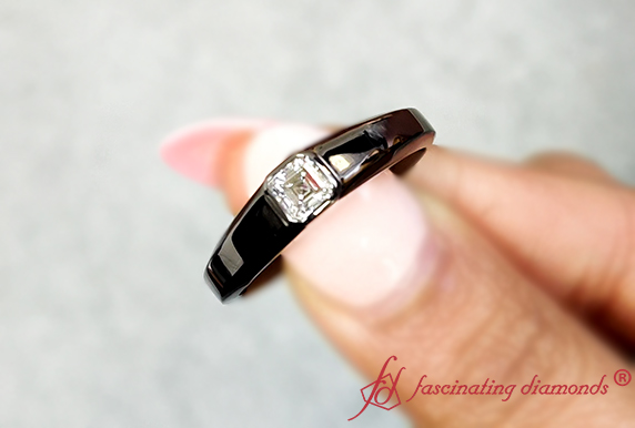 Half Carat Asscher Cut Diamond Mens Wedding Ring In 14K Black Gold