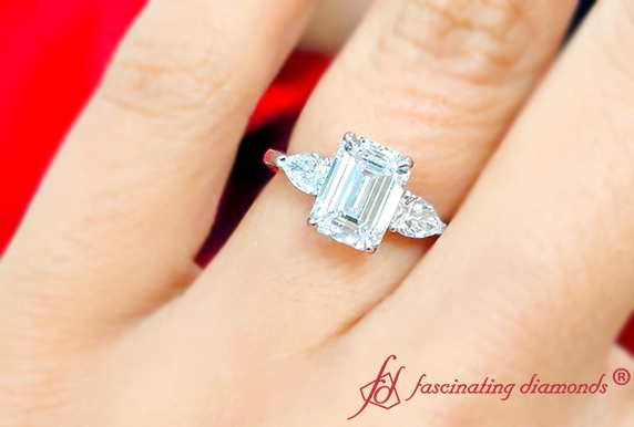 Pear Diamond Cathedral Emerald Cut Engagement Ring In White Gold-FD9210R