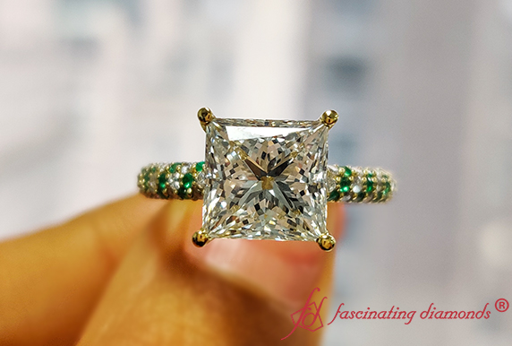 pave eternity princess cut lab diamond ring with emerald in 18k yellow gold-FD9241R-CSUSD3817-VS1-G-3.03 CENTER-USD 6991