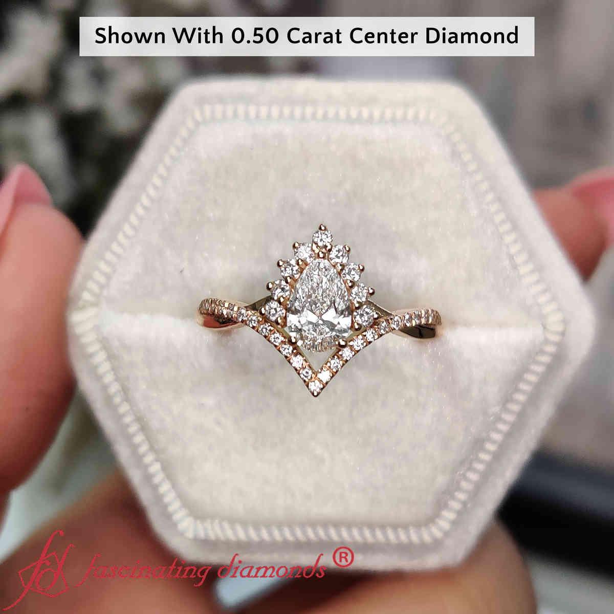 Pear Shaped Pear Crown Halo Engagement Ring with White Diamond in 18K Rose Gold