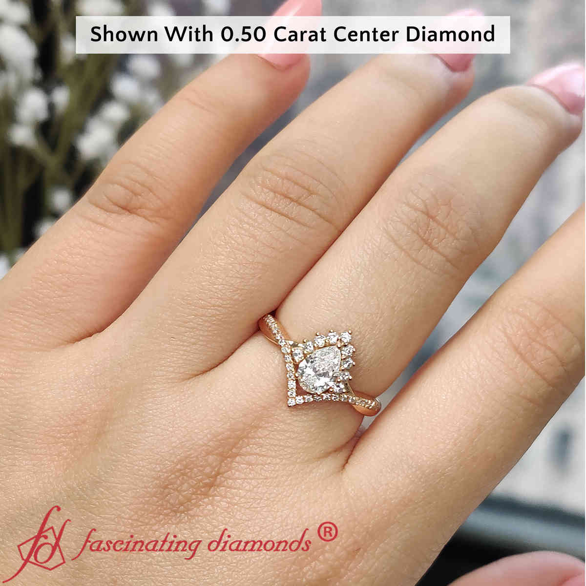 Pear Shaped Pear Crown Halo Engagement Ring with White Diamond in 18K Rose Gold