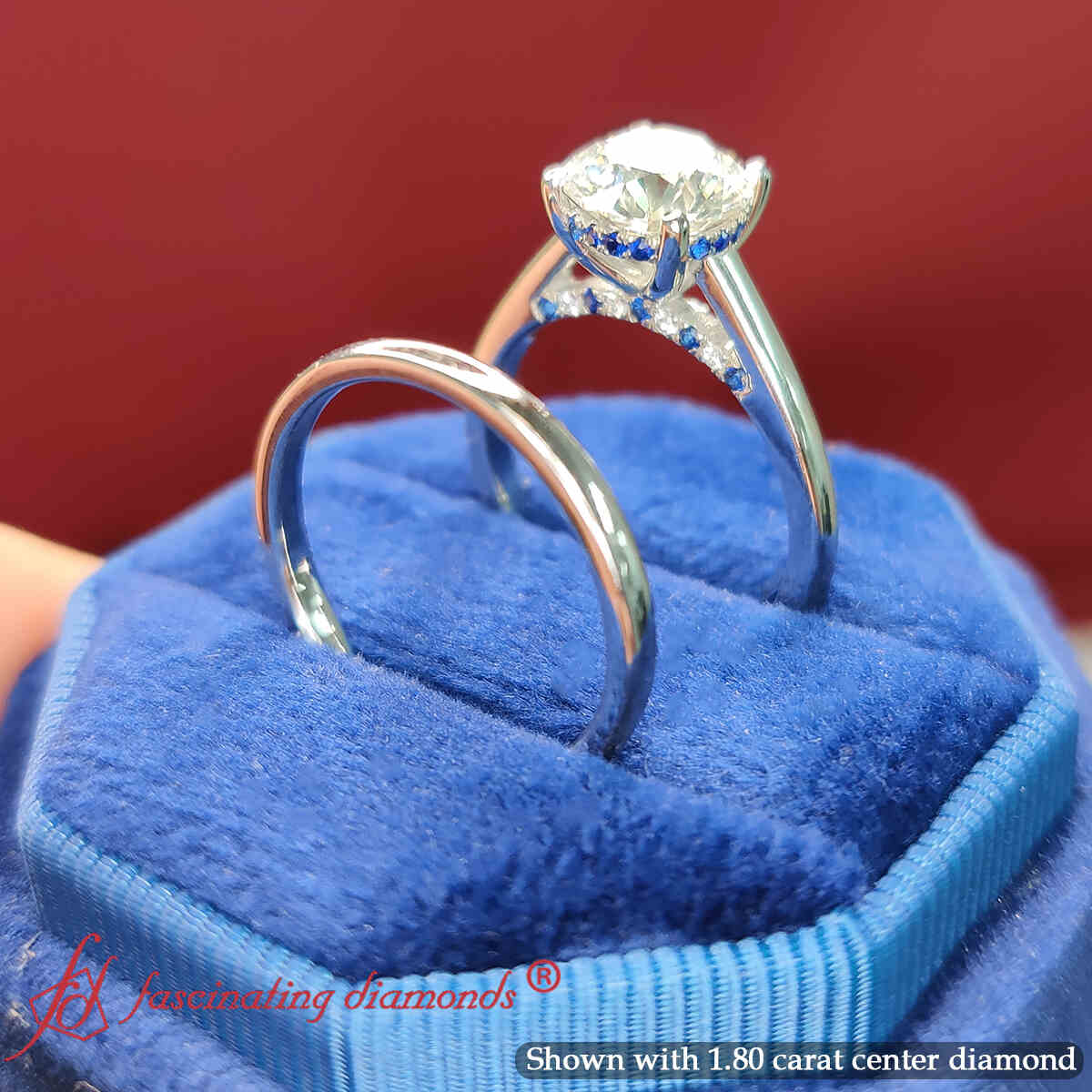 Round Shaped Hidden Halo Round Bridal Ring Set with Blue Sapphire in 14K White Gold