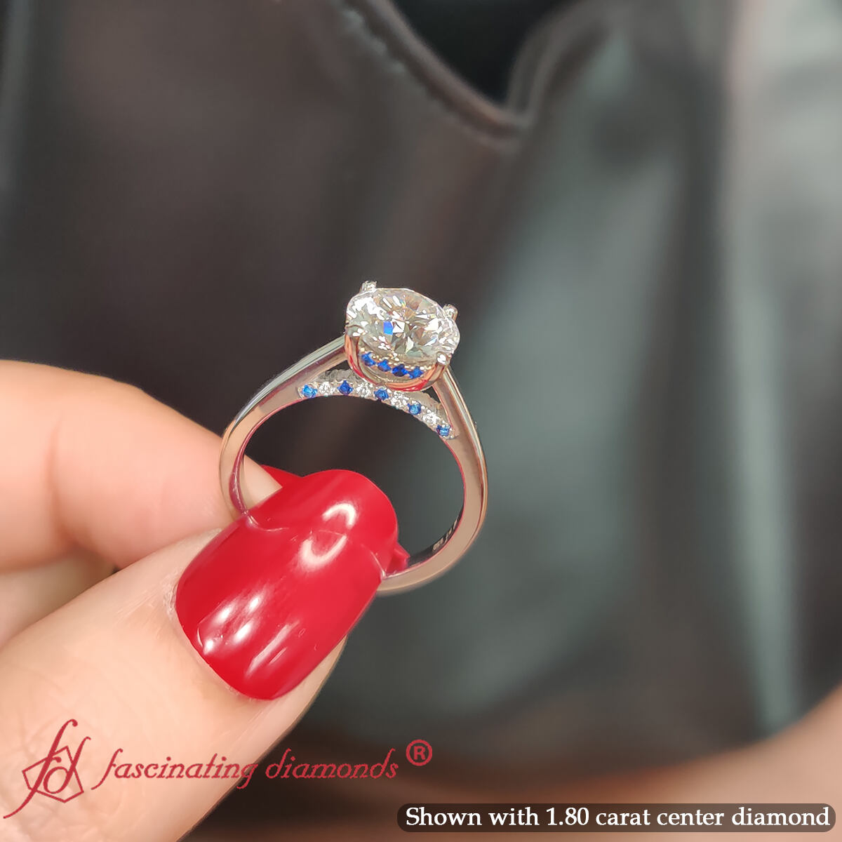 Round Shaped Perfectly Fit Hidden Halo Diamond Ring with Blue Sapphire in 14K White Gold