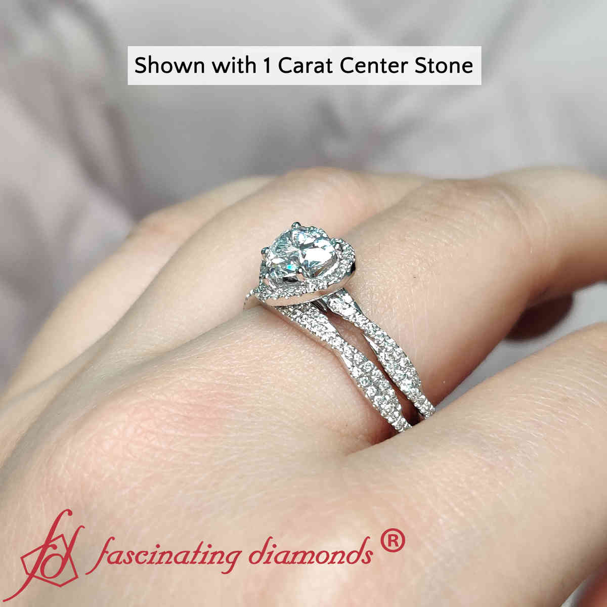 Heart Shaped Lab Diamond Twisted Engagement Ring Set with 14K White Gold White Diamond