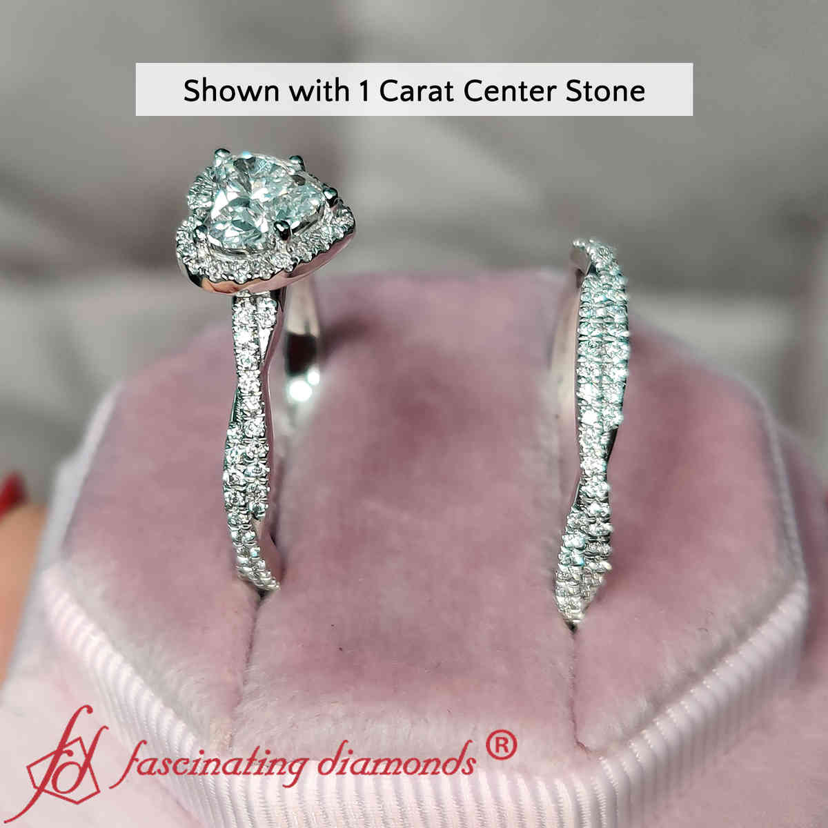 Heart Shaped Lab Diamond Twisted Engagement Ring Set with 14K White Gold White Diamond