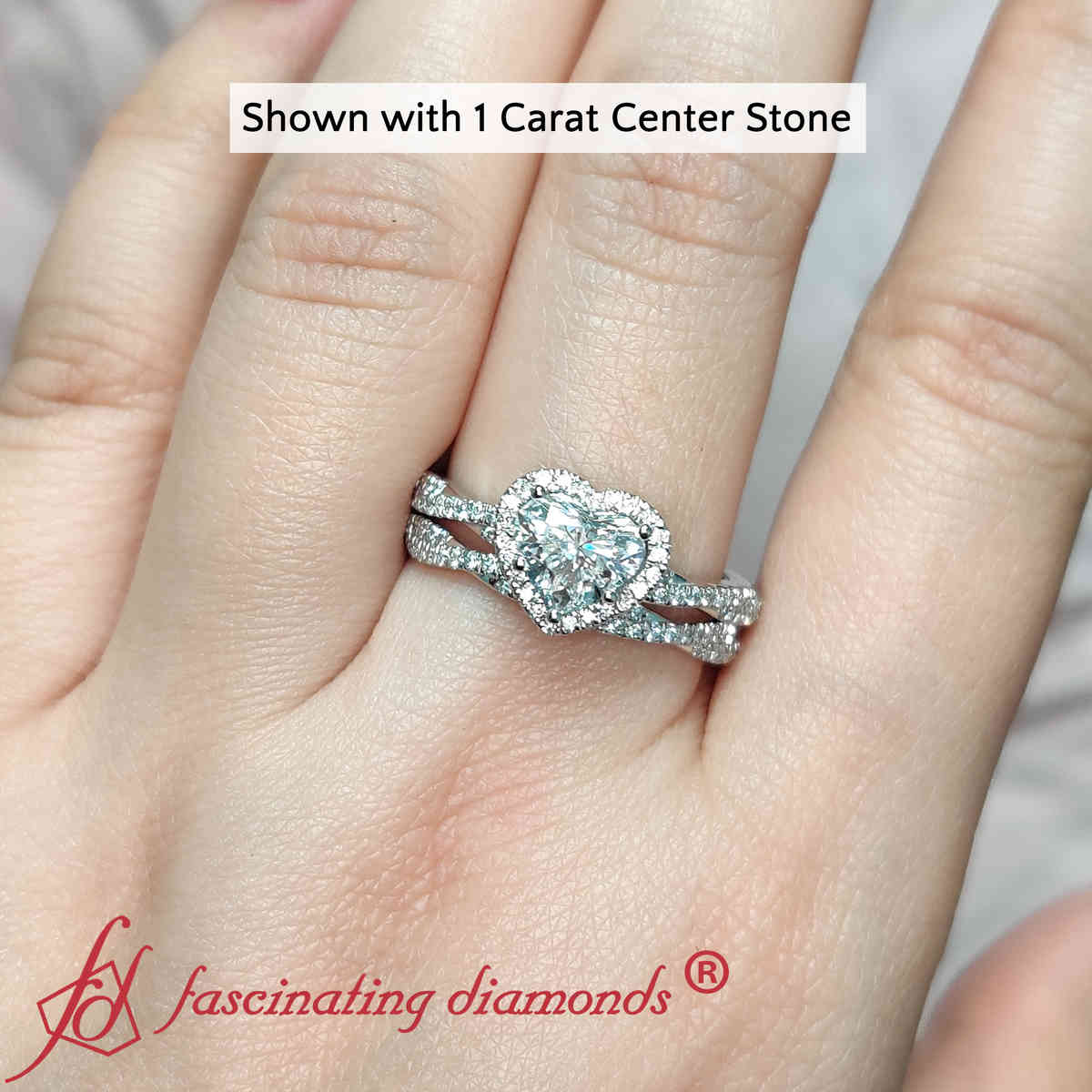 Heart Shaped Vine Halo Twisted Wedding Set with White Diamond in 14K White Gold