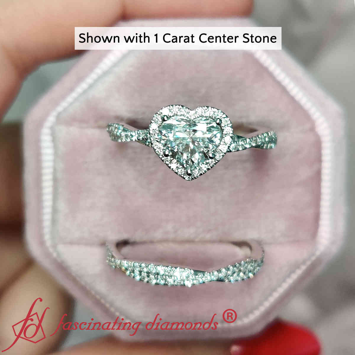 Heart Shaped Vine Halo Twisted Wedding Set with White Diamond in 14K White Gold